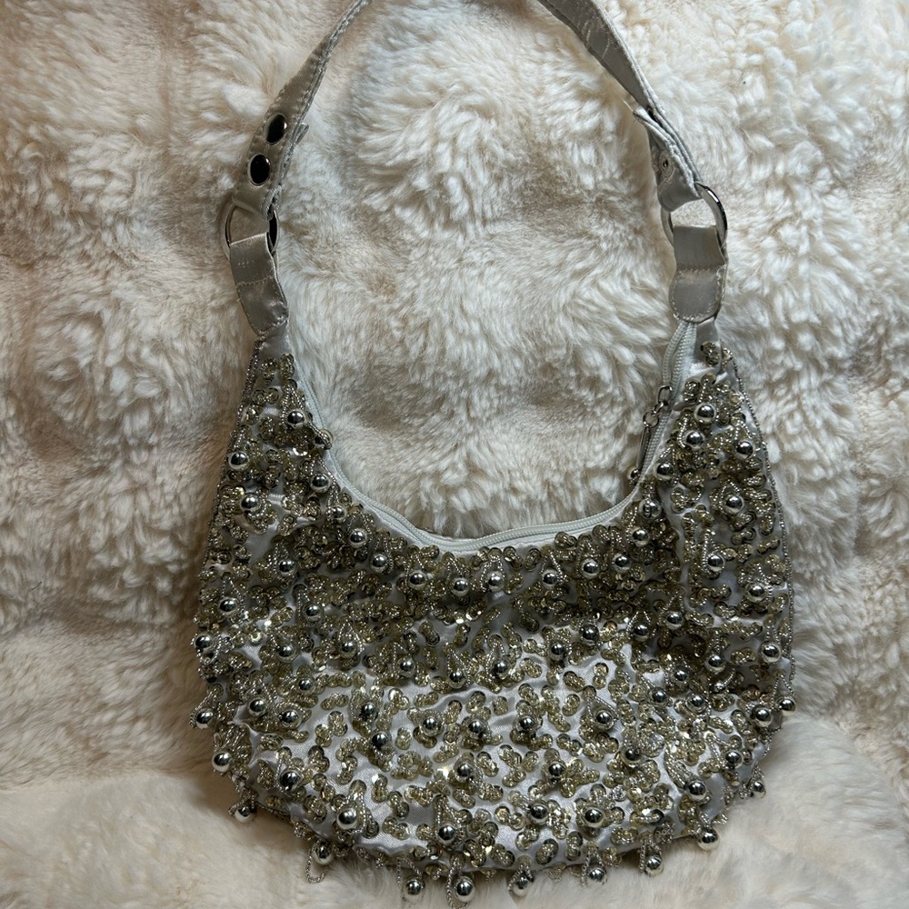 Trendy Boutique Silver Shoulder Bag with Sparkling Design